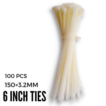 OVG Nylon Self Locking Cable Ties, White (150 mm × 3.2 mm, 6 Inch, Pack of 100 Pcs) Heavy Duty Strong Zip Ties Teeth Grip Fastener Organizer Tie