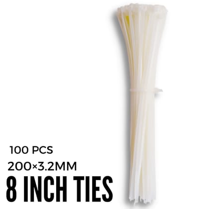 OVG Nylon Self Locking Cable Ties, White (200 mm × 3.2 mm, 8 Inch, Pack of 100 Pcs) Heavy Duty Strong Zip Ties Teeth Grip Fastener Organizer Tie