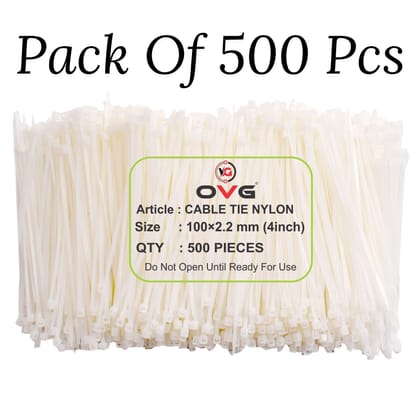 OVG Nylon Self Locking Cable Ties, White (100 mm × 2.2 mm, 4 Inch, Pack of 500 Pcs) Heavy Duty Strong Zip Ties Teeth Grip Fastener Organizer Tie