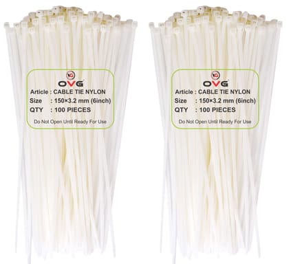 OVG Nylon Self Locking Cable Ties, White (150 mm × 3.2 mm, 6 Inch, Pack of 200 Pcs) Heavy Duty Strong Zip Ties Teeth Grip Fastener Organizer Tie