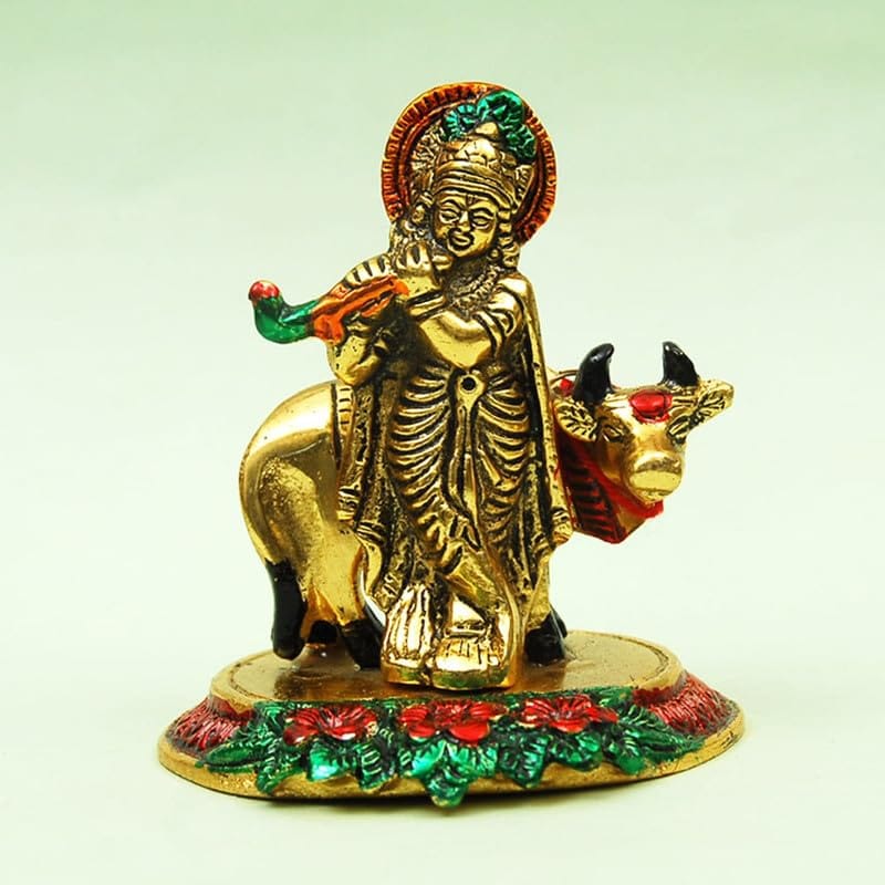 Premium Metal Radha Krishna with Cow Showpiece for Home and Office Decor| Radha Krishna Murti| Radha Krishna Idol Statue for Home (3.5 Inches, Gold)