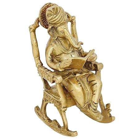 Ganesh Idol Rocking Chair: Ganesha Reading Book Statue for Home Decor, Living Room