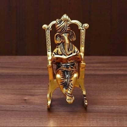Handicrafts Golden Lord Ganesha on Rocking Chair Antique Showpiece