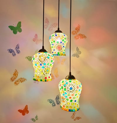 PR Star Classical Hanging Glass Mosaic 3 Light Chandelier Pendants Ceiling Lamp, Multicolour,corded-electric