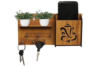 GOPI ENTERPRISE 1 Multipurpose Wooden Key Holder with Mobile Stand and Wall Shelf Rack for Home & Office Decoration | Unique Wooden Ganesha Wall Key Stand for Key, Keychain & Mobile with 6 Key Hanger Hooks