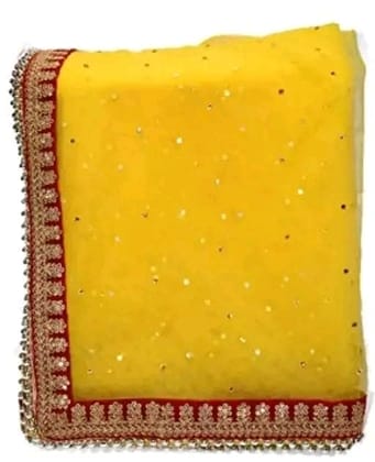 Mamta Collection Red net maroon border Bridal Wedding Dupatta With 4 Side Velet Border With Sequence Work and 4 side Beads Lace And All Over kundan Wor (Yellow)