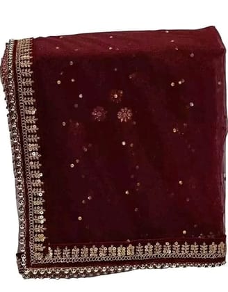 Mamta Collection Red net maroon border Bridal Wedding Dupatta With 4 Side Velet Border With Sequence Work and 4 side Beads Lace And All Over kundan Wor (Maroon)