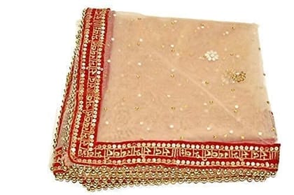 Mamta Collections Bridal Dupatta Net Chunris with Saubhagyawati Bhaw Hand Embroidery Border | Hand Embroidery Wedding Bridal Heavy Traditional Dupatta For Women's & Girl's, Wedding Ceremony,Pooja,Festival (Border width -4.5cm) 2.25 Meter