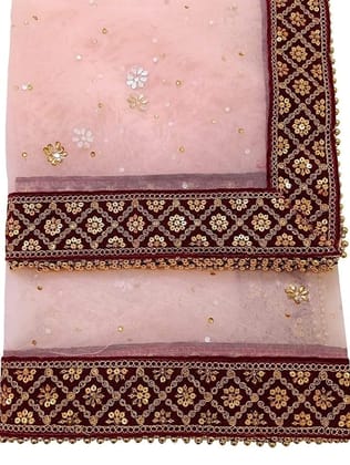 Mamta Collection Women's Heavy Net Dupatta With Zari Embroidery Heavy Border (Stone work, 2.25m) (2.5, pink)