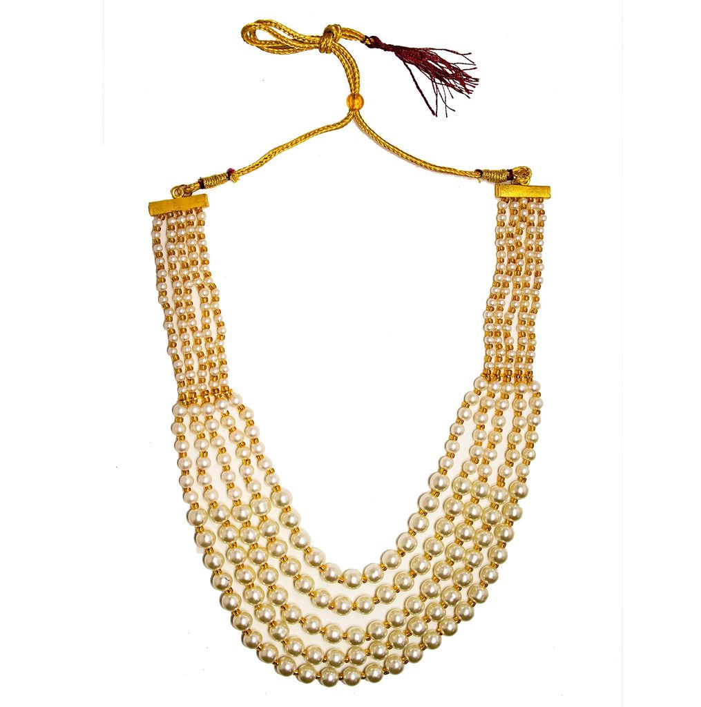 Frikki 5 Multi Strings Dual Tone Layered Pearl Gold-Plated Long Necklace Set For Women & Girls With Earrings (White)