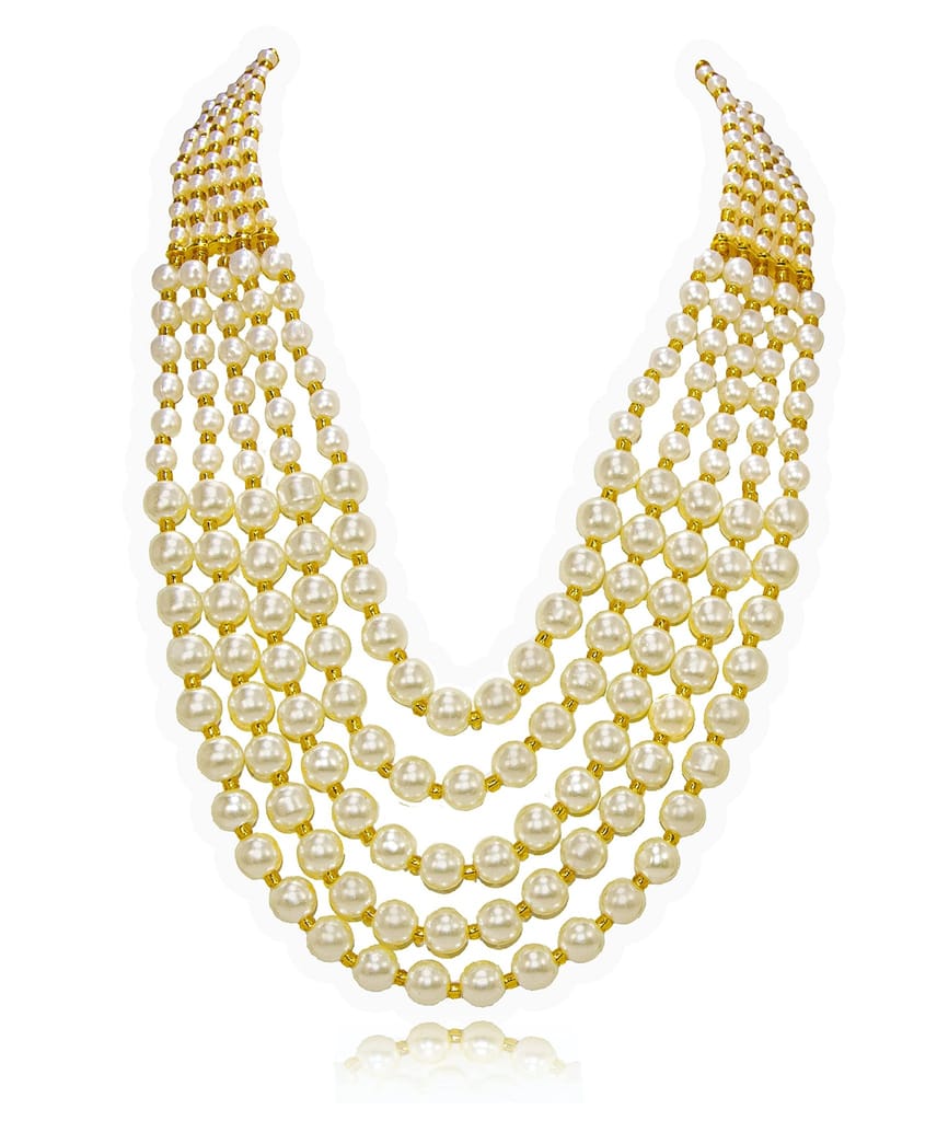 Frikki 5 Multi Strings Dual Tone Layered Pearl Gold-Plated Long Necklace Set For Women & Girls With Earrings (White)