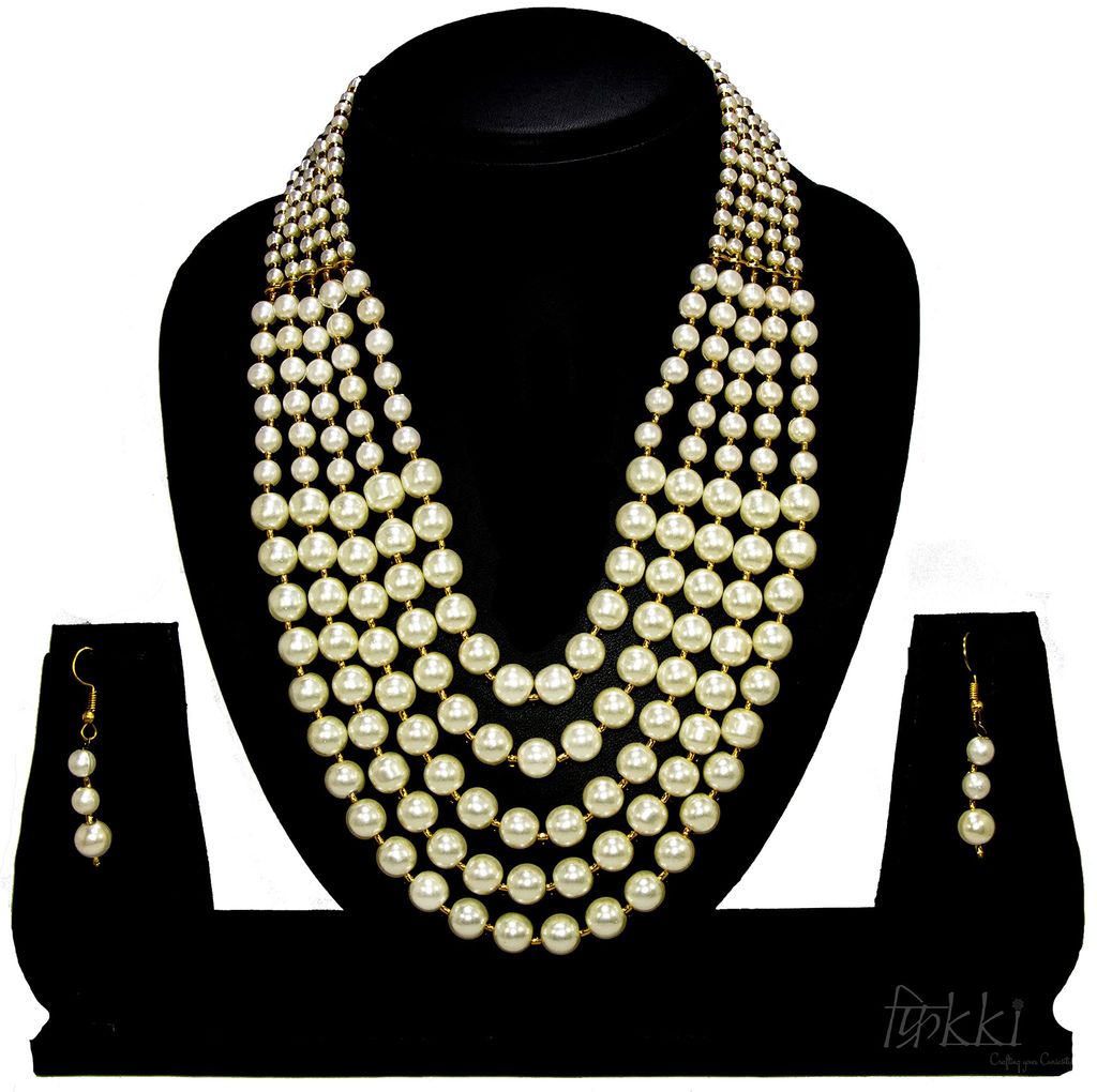 Frikki 5 Multi Strings Dual Tone Layered Pearl Gold-Plated Long Necklace Set For Women & Girls With Earrings (White)