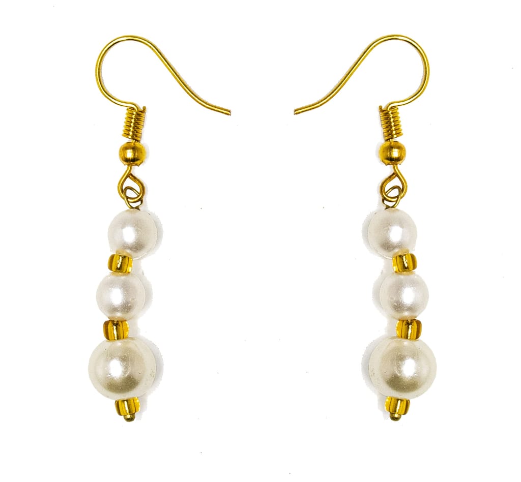 Frikki 5 Multi Strings Dual Tone Layered Pearl Gold-Plated Long Necklace Set For Women & Girls With Earrings (White)