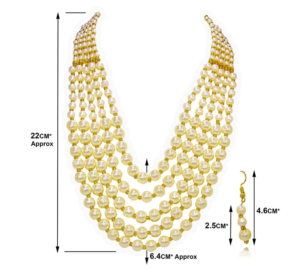 Frikki 5 Multi Strings Dual Tone Layered Pearl Gold-Plated Long Necklace Set For Women & Girls With Earrings (White)