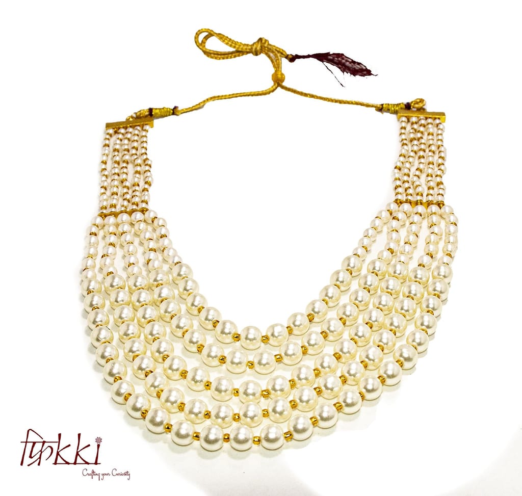 Frikki 5 Multi Strings Dual Tone Layered Pearl Gold-Plated Long Necklace Set For Women & Girls With Earrings (White)
