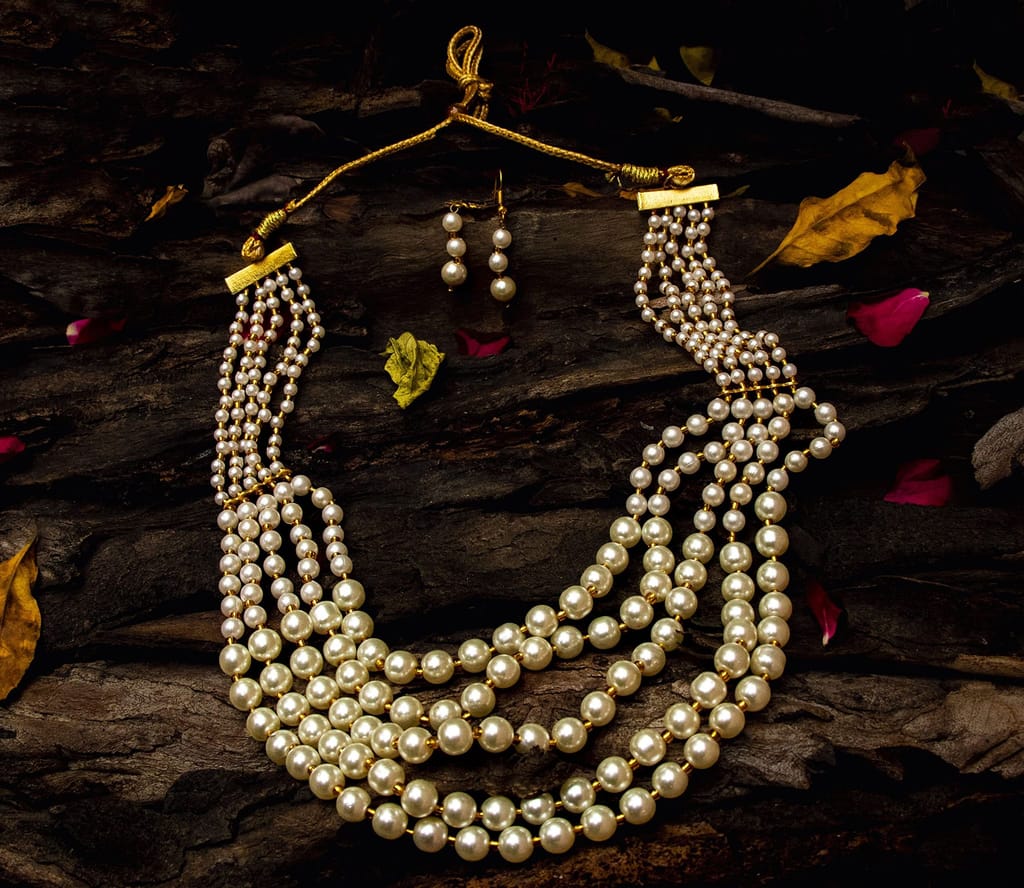 Frikki 5 Multi Strings Dual Tone Layered Pearl Gold-Plated Long Necklace Set For Women & Girls With Earrings (White)