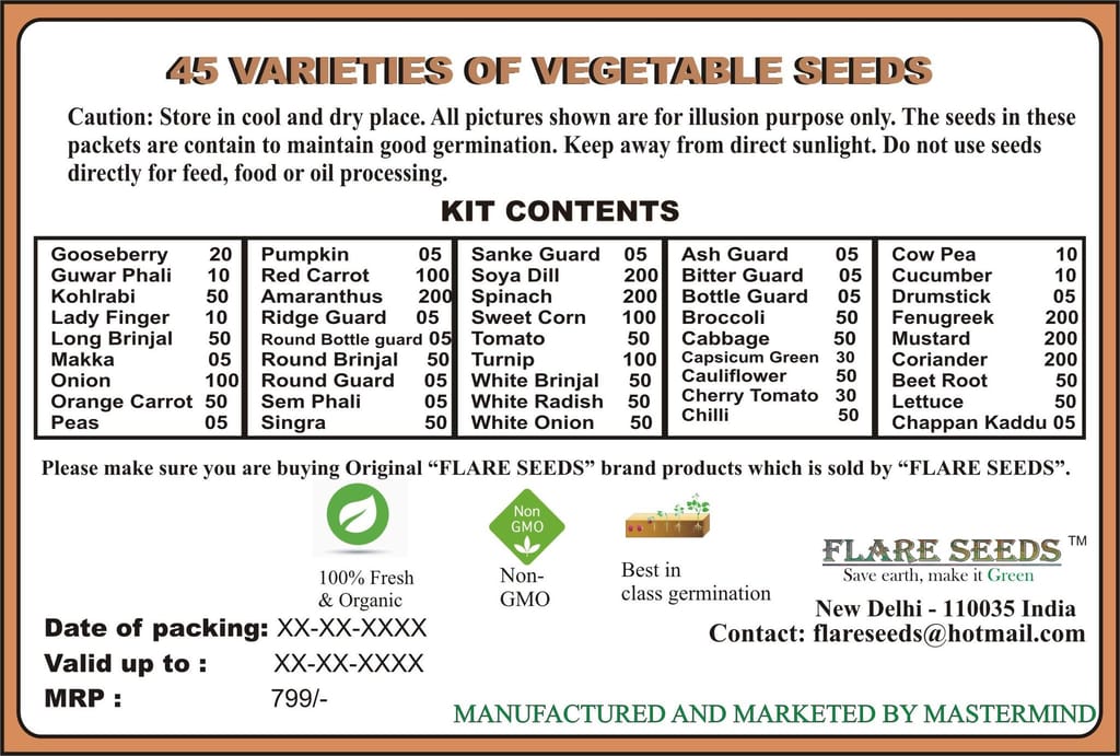 FLARE SEEDS 45 Varities of Vegetables Seeds 2500+ Seeds With Instruction Manual