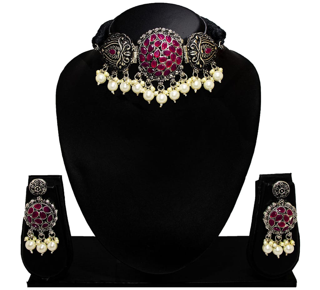 Frikki Oxidised Choker Jewellery Set German Silver Necklace Set Pink Stone Studded Peacock Design Traditional Jewellery Set for Women Girls