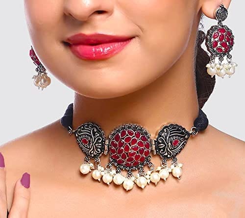 Frikki Oxidised Choker Jewellery Set German Silver Necklace Set Pink Stone Studded Peacock Design Traditional Jewellery Set for Women Girls