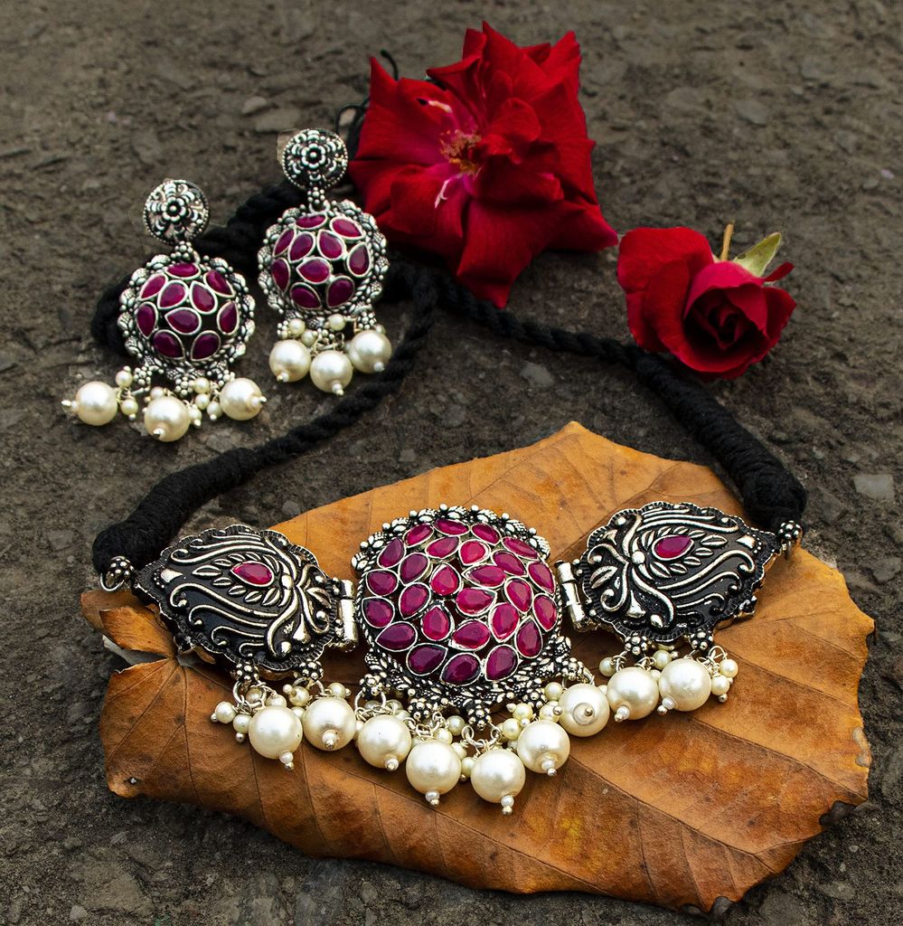 Frikki Oxidised Choker Jewellery Set German Silver Necklace Set Pink Stone Studded Peacock Design Traditional Jewellery Set for Women Girls