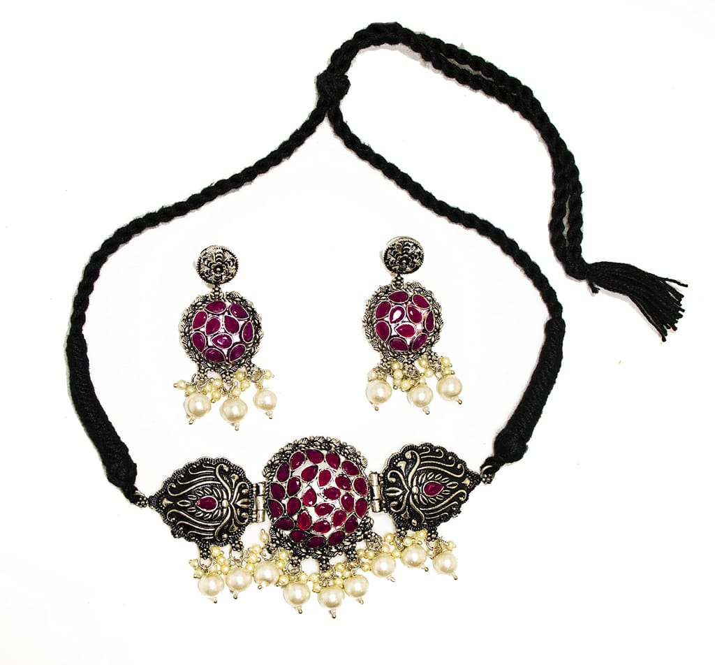 Frikki Oxidised Choker Jewellery Set German Silver Necklace Set Pink Stone Studded Peacock Design Traditional Jewellery Set for Women Girls