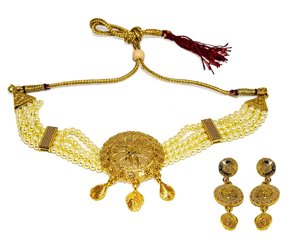 Frikki Gold Plated Pearl Golden Jewellery Choker Set For Women Traditional Chokar Jewelry Set Latest Design