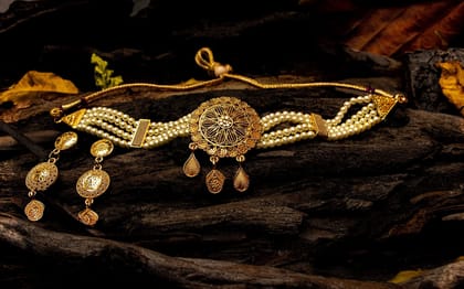 Frikki Gold Plated Pearl Golden Jewellery Choker Set For Women Traditional Chokar Jewelry Set Latest Design