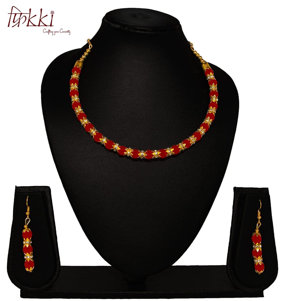 Morbih Beads Hasli Studded Diamond Stones Gold-Plated Choker Necklace Jewellery Set For Girls Women With Earrings (Orange)