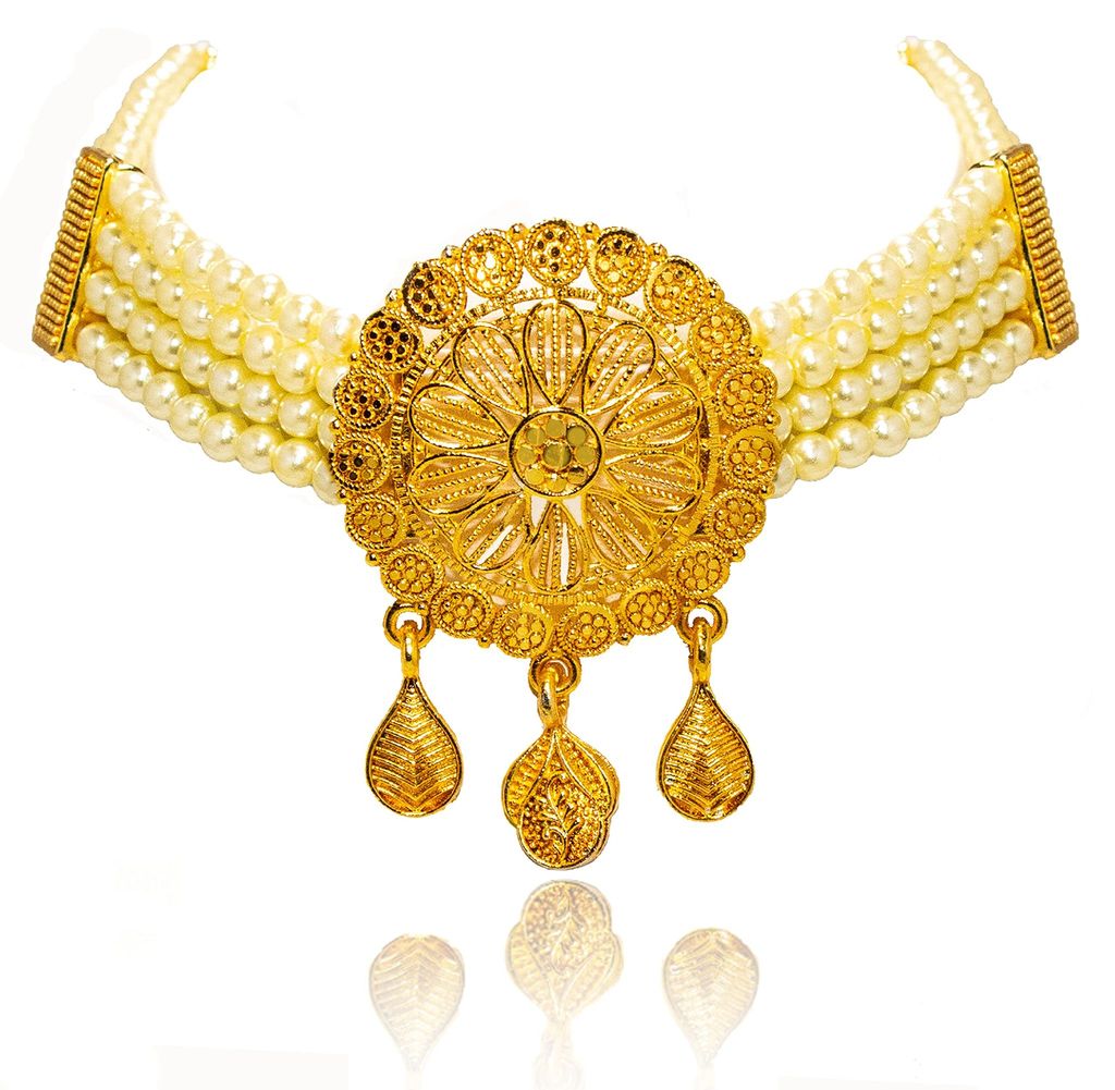 Frikki Gold Plated Pearl Golden Jewellery Choker Set For Women Traditional Chokar Jewelry Set Latest Design