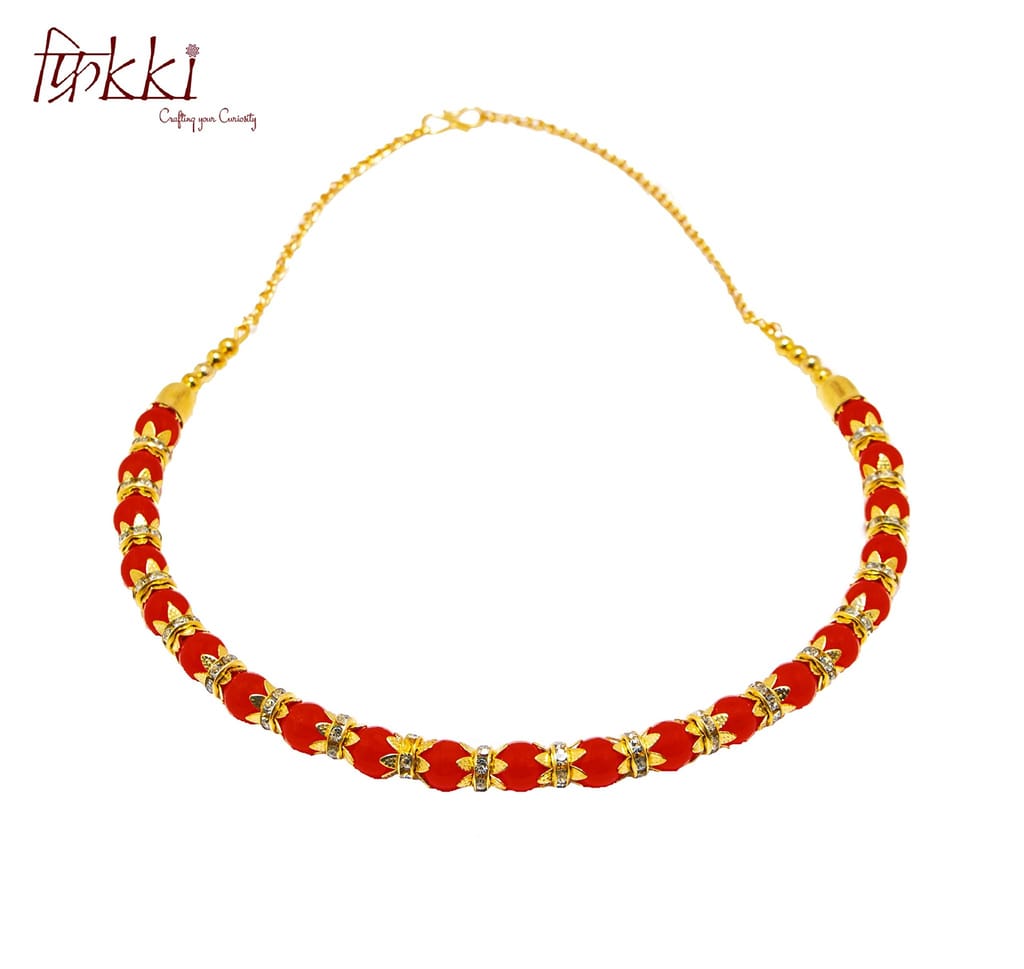 Morbih Beads Hasli Studded Diamond Stones Gold-Plated Choker Necklace Jewellery Set For Girls Women With Earrings (Orange)