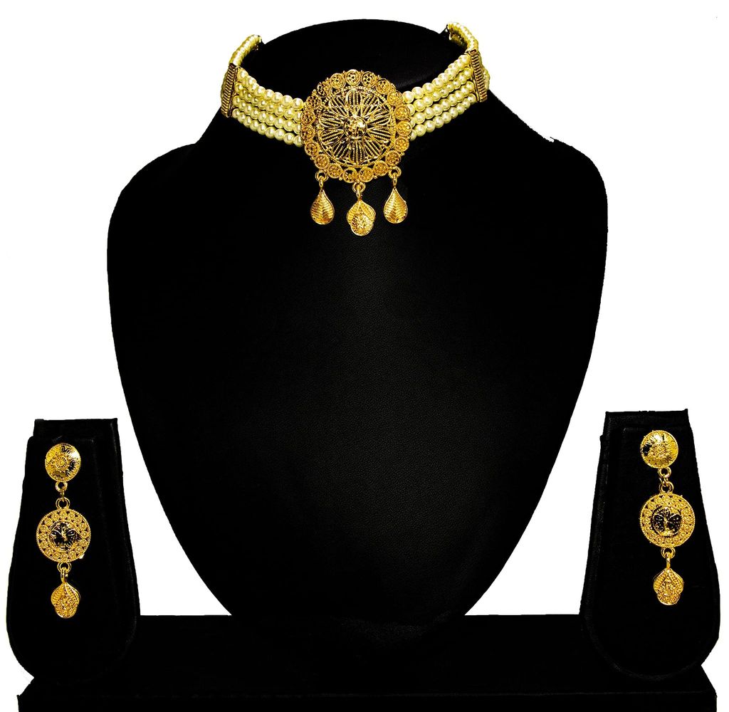 Frikki Gold Plated Pearl Golden Jewellery Choker Set For Women Traditional Chokar Jewelry Set Latest Design