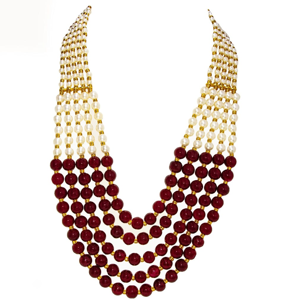 Morbih 5 Multi Strings Dual Tone Layered Pearl Gold-Plated Long Necklace Set For Women & Girls With Earrings (Maroon & White)