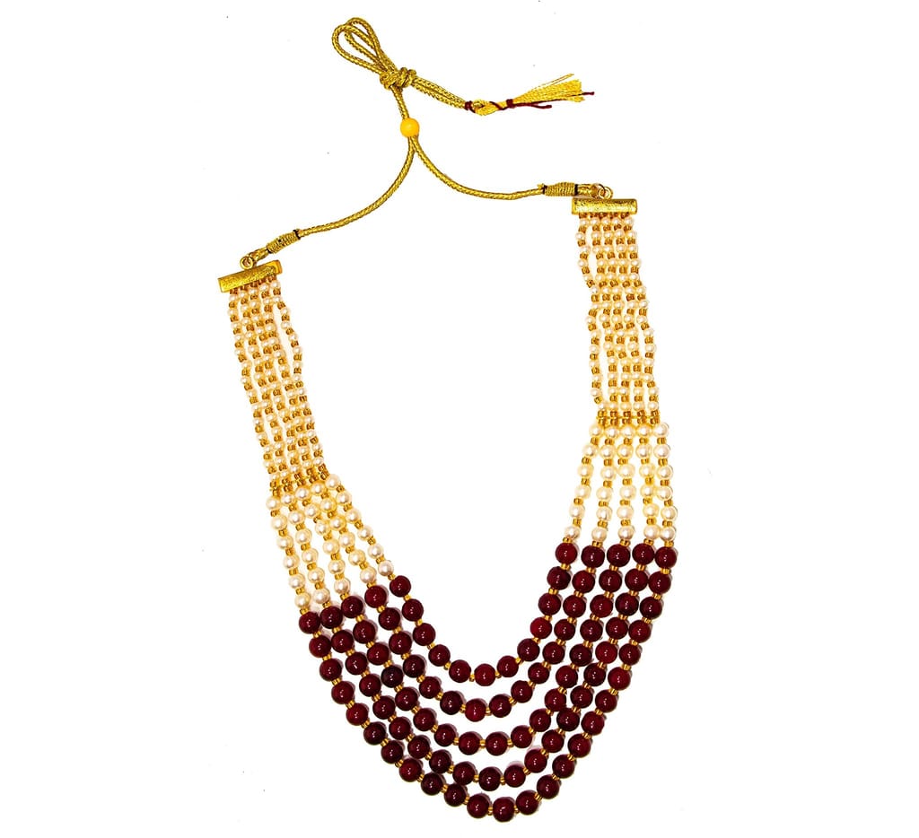 Morbih 5 Multi Strings Dual Tone Layered Pearl Gold-Plated Long Necklace Set For Women & Girls With Earrings (Maroon & White)