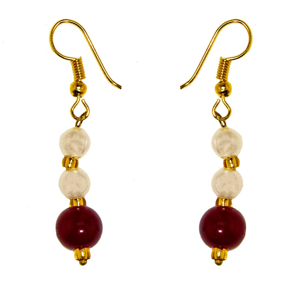 Morbih 5 Multi Strings Dual Tone Layered Pearl Gold-Plated Long Necklace Set For Women & Girls With Earrings (Maroon & White)