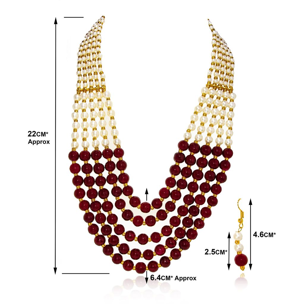 Morbih 5 Multi Strings Dual Tone Layered Pearl Gold-Plated Long Necklace Set For Women & Girls With Earrings (Maroon & White)