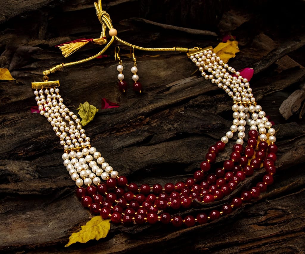 Morbih 5 Multi Strings Dual Tone Layered Pearl Gold-Plated Long Necklace Set For Women & Girls With Earrings (Maroon & White)