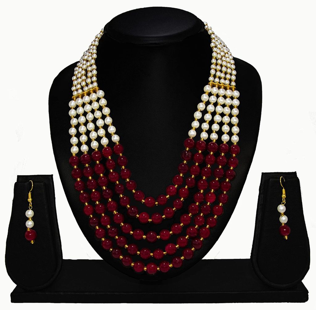 Morbih 5 Multi Strings Dual Tone Layered Pearl Gold-Plated Long Necklace Set For Women & Girls With Earrings (Maroon & White)