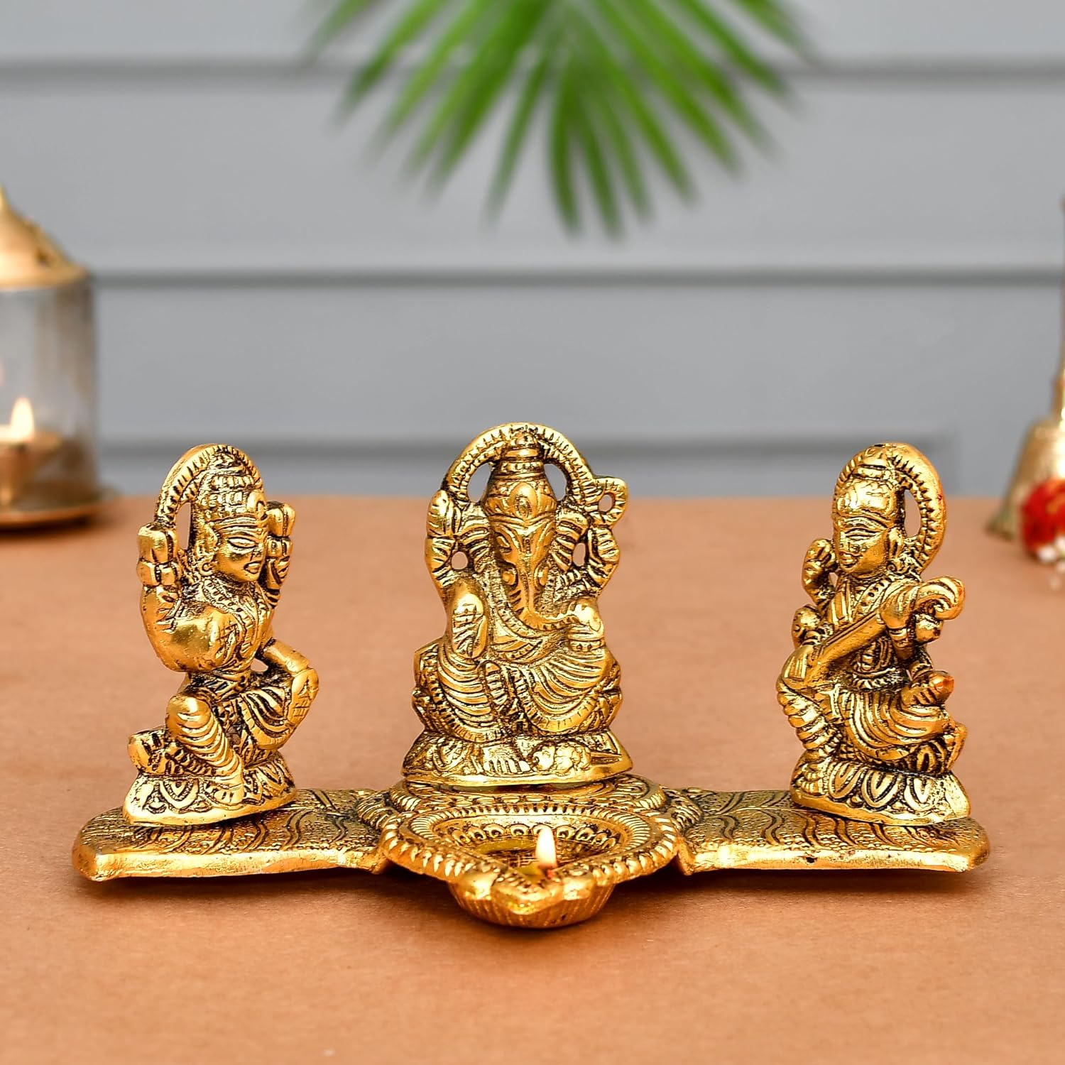Laxmi Ganesh Saraswati Metal Murti Idol with Diya Showpiece, Diwali Decoration Items for Home Decor