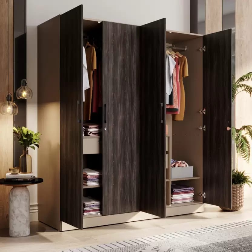 Wood 4 Door Wardrobe (Finish Color - Frappe & Wyoming Maple with Shelves