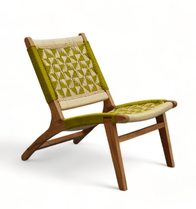 Orchid Homez Hand Woven Lounge Chair Solid Wood Outdoor Chair (Natural, Pre-Assembled) (Green-Cream)