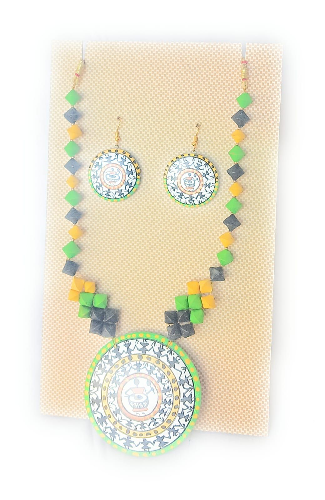 Terracotta Jewellery Necklace Set For Women (Green) With Earring  (2)
