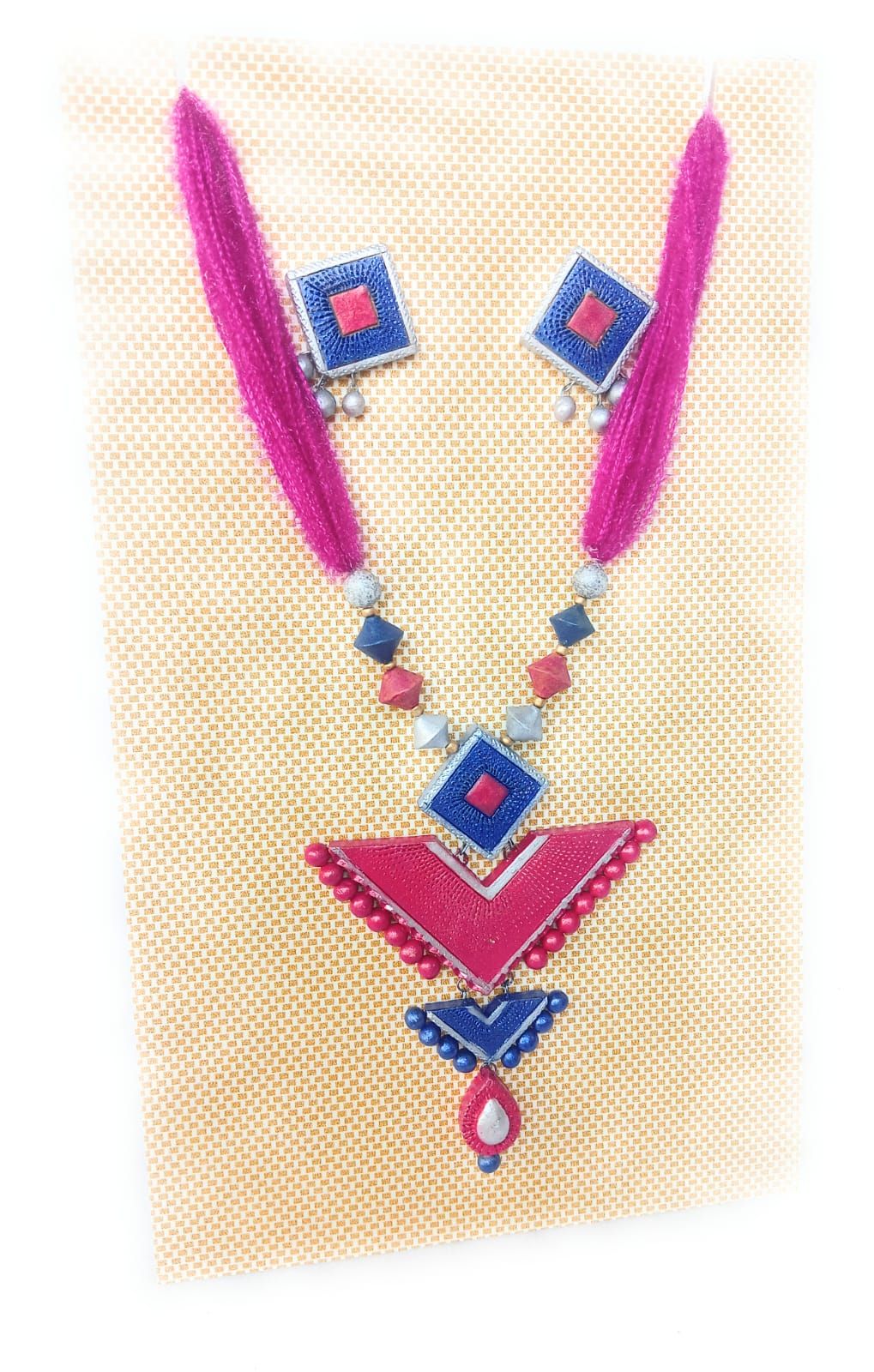 Handmade Terracotta Jewelry Set Red Blue With Two earings