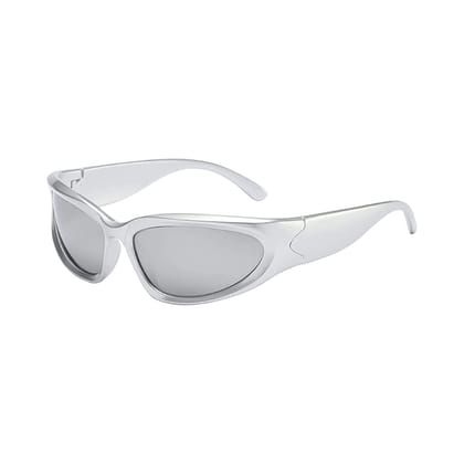 4Flaunt Futuristic Series Wraparound Y2K Sunglasses For Men & Women | UV Protected | Full Rim Trending & Stylish Shades | Free Size (C1 - Silver Frame/Silver Mirrored Lens)