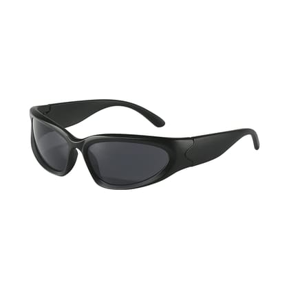 4Flaunt Futuristic Series Wraparound Y2K Sunglasses For Men & Women | UV Protected | Full Rim Trending & Stylish Shades | Free Size (C2 - Matte Black Frame/Grey Lens)