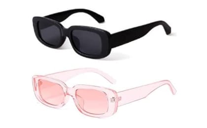 Fancy-Creation Pack Of 2 Rectangle Sunglasses for Women Retro Fashion Sunglasses UV 400 Protection (Size - Medium | Includes Premium Velvet MDF Case, Lens Cleaner (100ML)) (Black & Pink)
