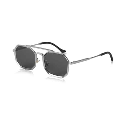 4Flaunt Full Rim Irregular Rectangular Sunglasses | Goggles For Men & Women | 100% UV Protected | Metal Frame With Spring Hinges | Medium (Silver, Black)