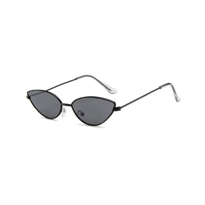 4Flaunt Full Rim Metal Frame Retro Narrow Cute, Stylish & Trending Oval Cat Eye Sunglasses For Women | 100% UV Protected | Medium (58-20-145mm) (C1 - Black Frame/Black Lens)