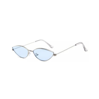 4Flaunt Full Rim Metal Frame Retro Narrow Cute, Stylish & Trending Oval Cat Eye Sunglasses For Women | 100% UV Protected | Medium (58-20-145mm) (C3 - Silver Frame/Blue Lens)
