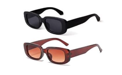 Fancy-Creation Pack Of 2 Rectangle Sunglasses for Women Retro Fashion Sunglasses UV 400 Protection (Size - Medium | Includes Premium Velvet MDF Case, Lens Cleaner (100ML)) (Black & Brown)