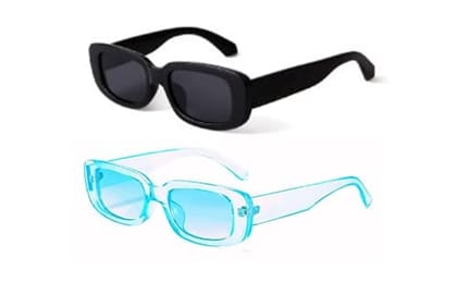 Fancy-Creation Pack Of 2 Rectangle Sunglasses for Women Retro Fashion Sunglasses UV 400 Protection (Size - Medium | Includes Premium Velvet MDF Case, Lens Cleaner (100ML)) (Black & Blue)